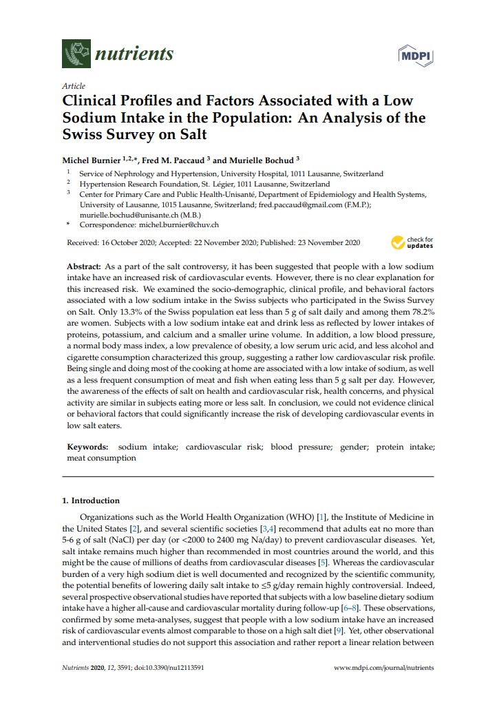 Clinical Profiles and Factors Associated with a Low Sodium Intake in the Population: An Analysis of the Swiss Survey on Salt