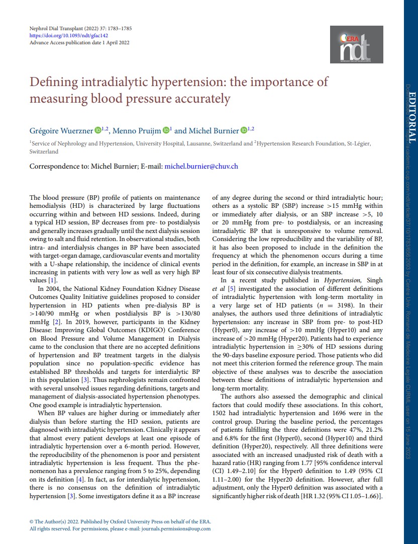 Defining intradialytic hypertension: the importance of measuring blood pressure accurately